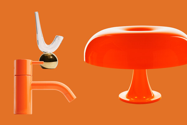 Clockwise from left: HV1 faucet by Vola, Magritte pipe by Amitha, Nesso table lamp by Artemide.